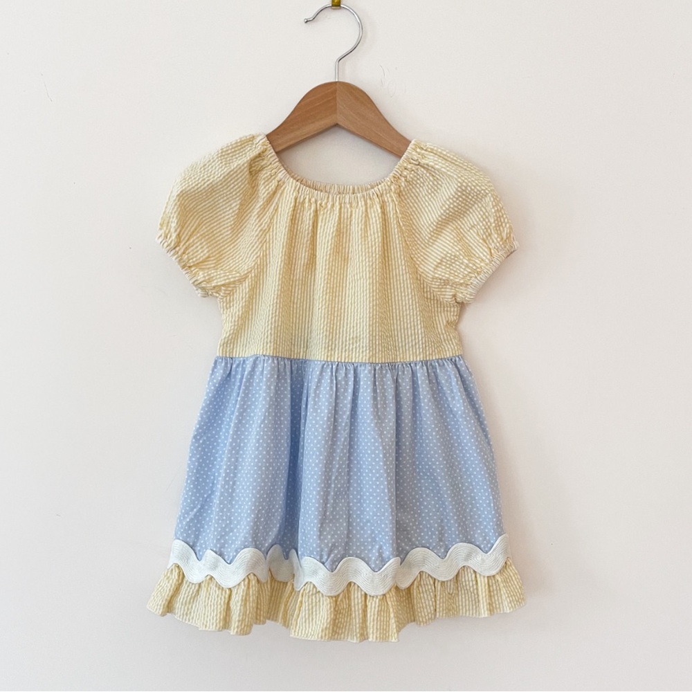 LOLLY WOLLY DOODLE EUC Seersucker Polka Dot Ricrac Puff Sleeve Summer Dress